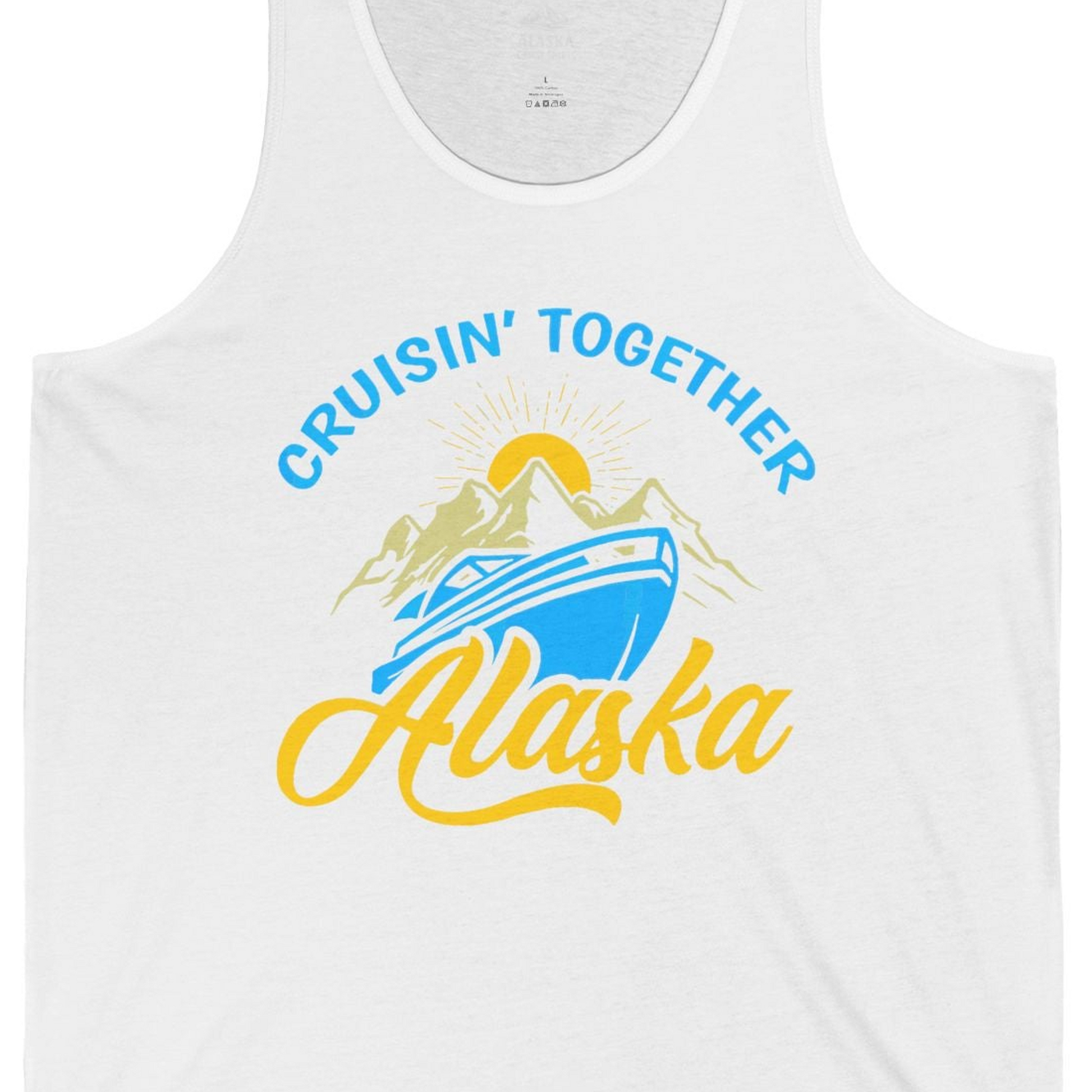 Alaska Cruise Adventure Mountains Sunrise Retro Shirt for Travelers — Tank Top Tank Top – White – Alaska Cruise Shirts Close Up