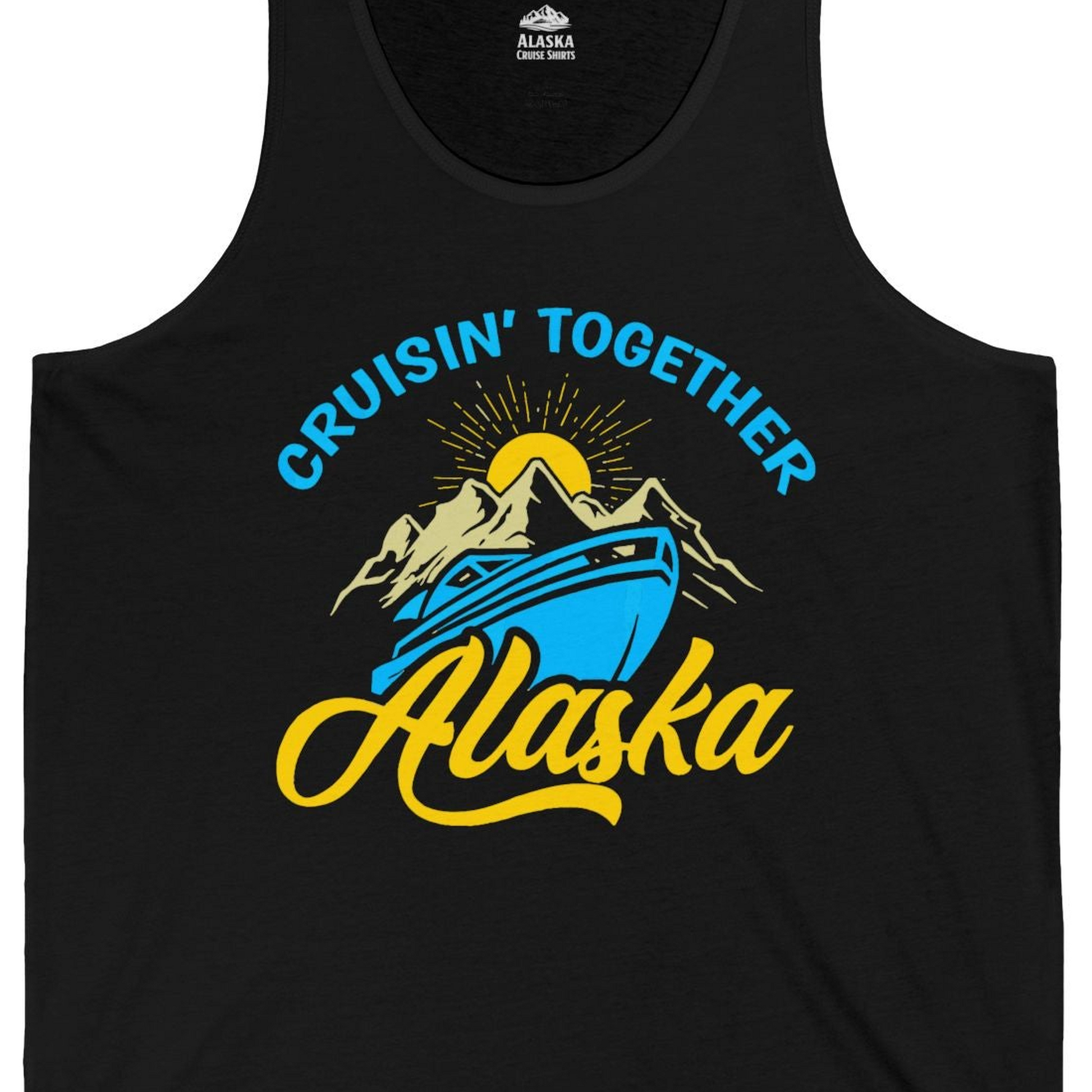 Alaska Cruise Adventure Mountains Sunrise Retro Shirt for Travelers — Tank Top Tank Top – Black – Alaska Cruise Shirts Close Up