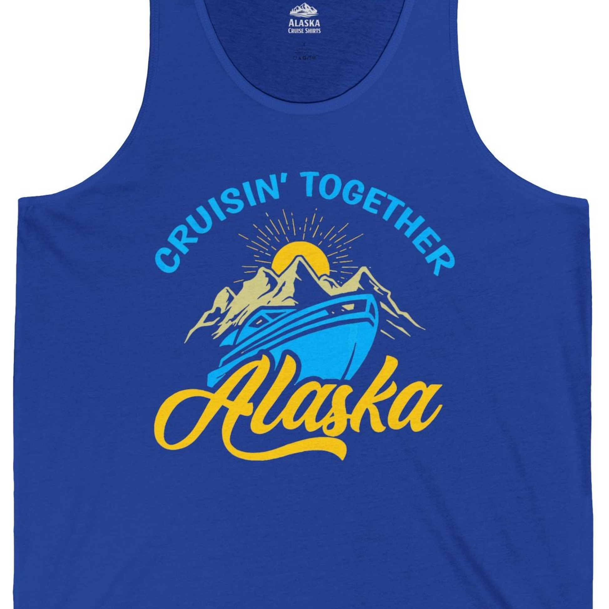 Alaska Cruise Adventure Mountains Sunrise Retro Shirt for Travelers — Tank Top Tank Top – True Royal – Alaska Cruise Shirts Close Up
