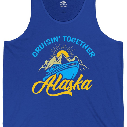 Alaska Cruise Adventure Mountains Sunrise Retro Shirt for Travelers — Tank Top Tank Top – True Royal – Alaska Cruise Shirts Close Up