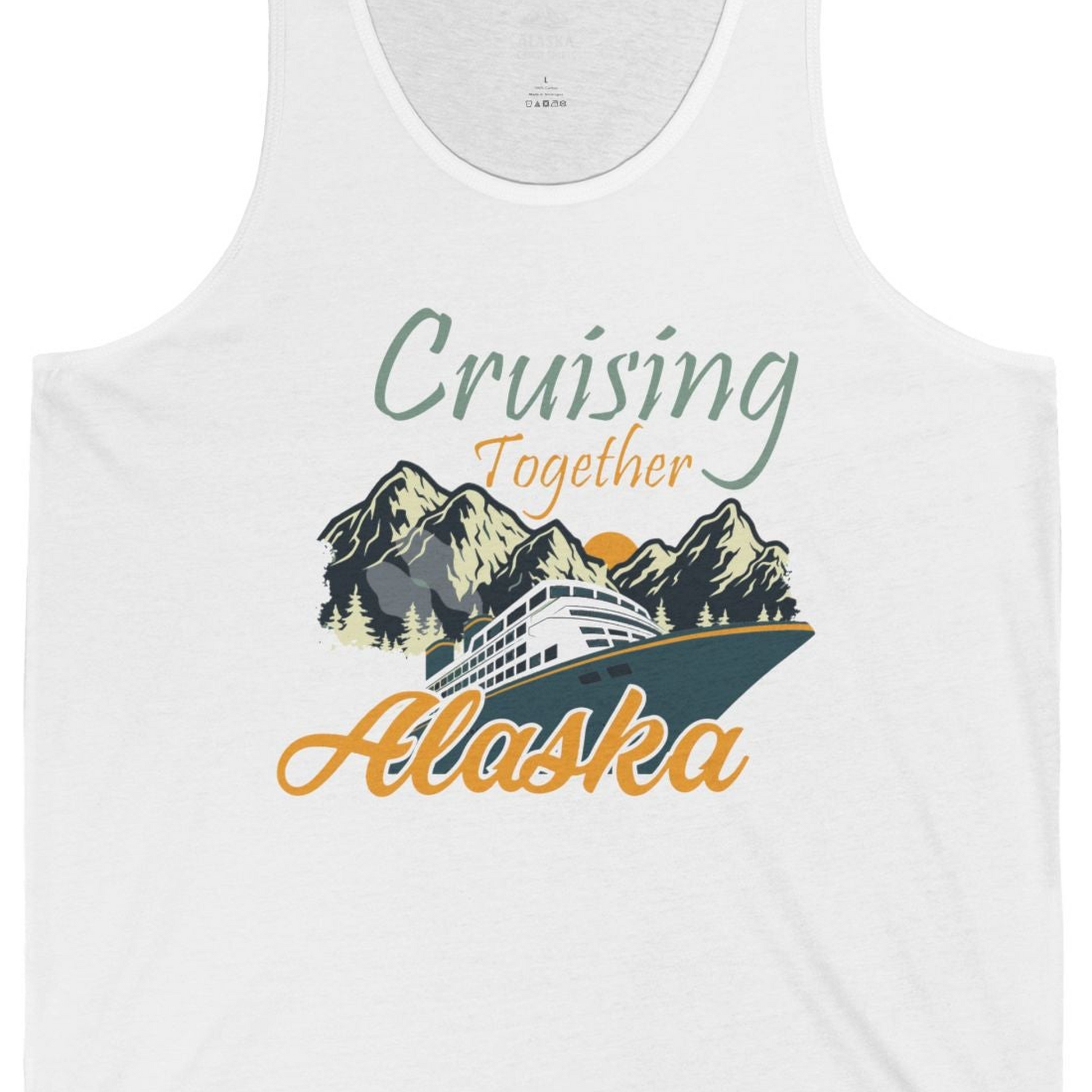 Cruising Together Alaska Mountains Family Alaska Cruise Adventure Shirt — Tank Top Tank Top – White – Alaska Cruise Shirts Close Up