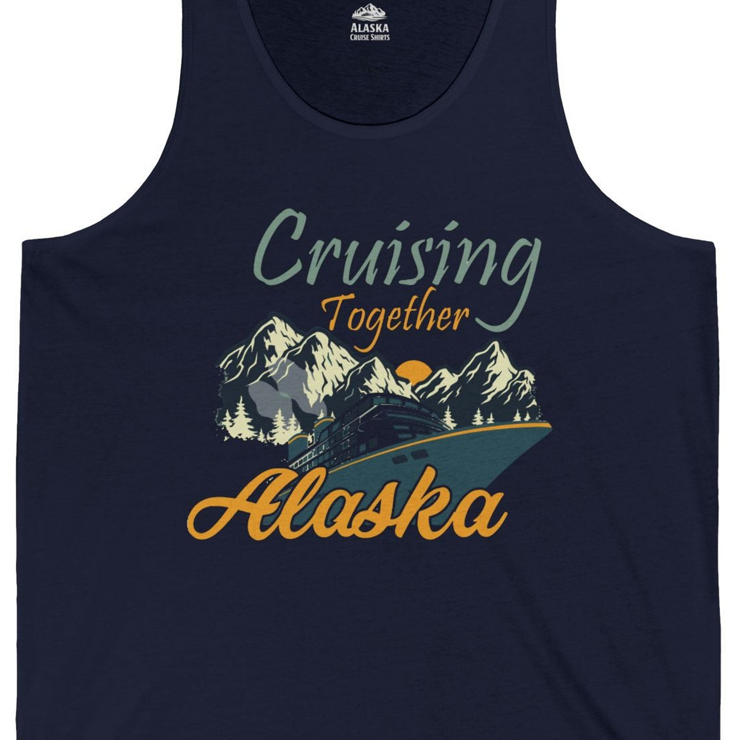 Cruising Together Alaska Mountains Family Alaska Cruise Adventure Shirt — Tank Top Tank Top – Navy – Alaska Cruise Shirts Close Up