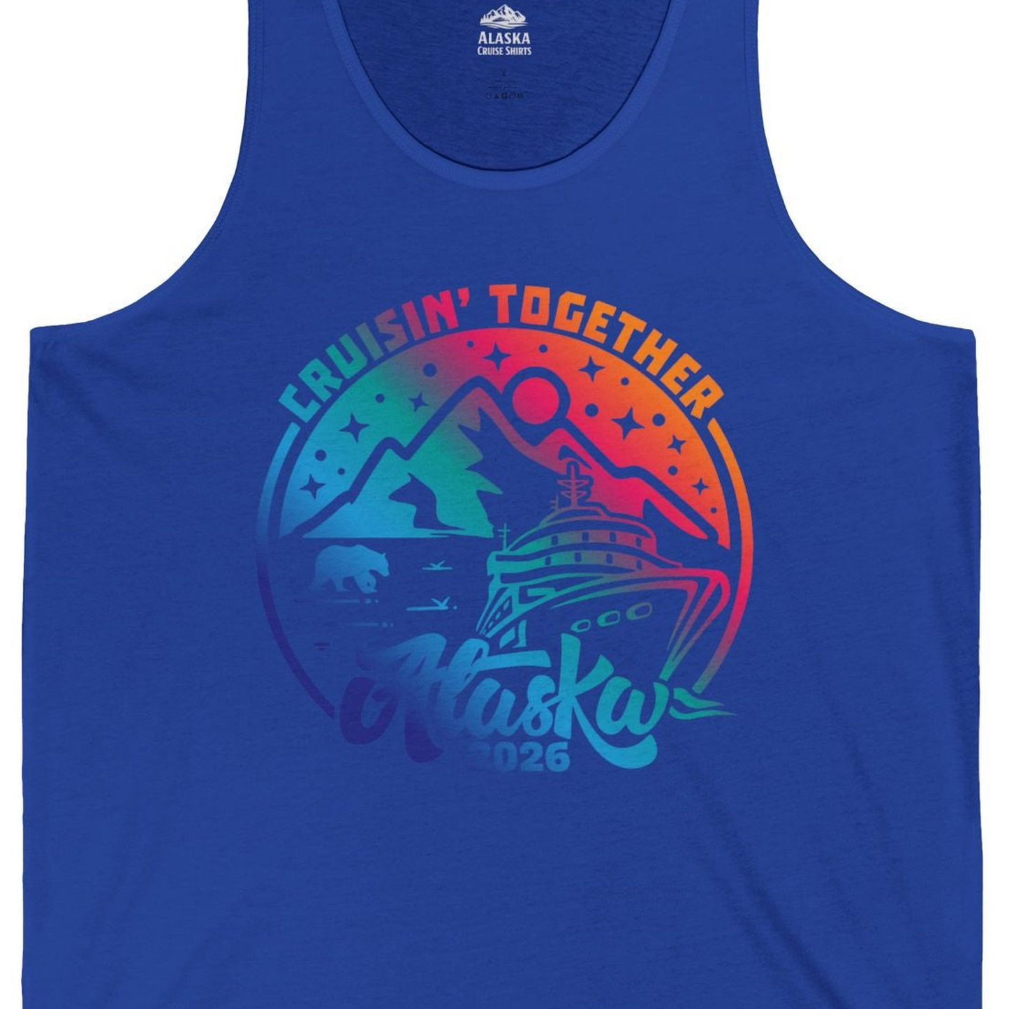 Alaska Cruise Adventure Mountains Wildlife Retro Family Group Shirt 2026 — Tank Top Tank Top – True Royal – Alaska Cruise Shirts Close Up