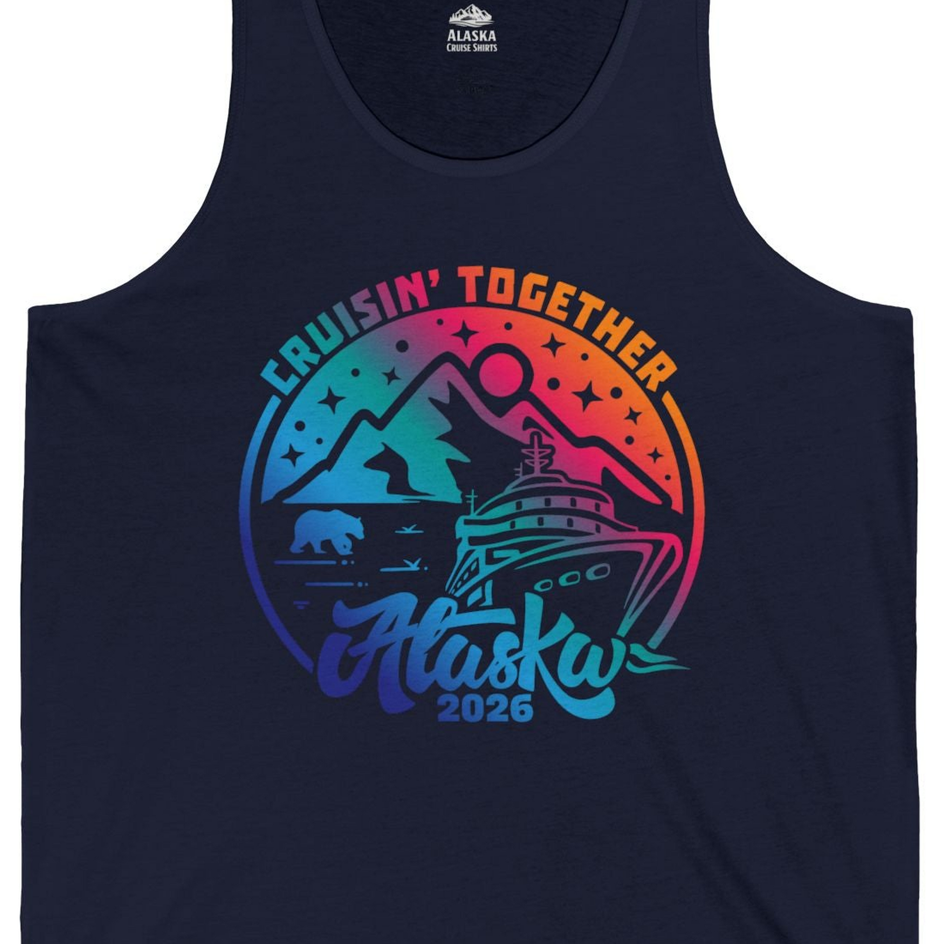 Alaska Cruise Adventure Mountains Wildlife Retro Family Group Shirt 2026 — Tank Top Tank Top – Navy – Alaska Cruise Shirts Close Up