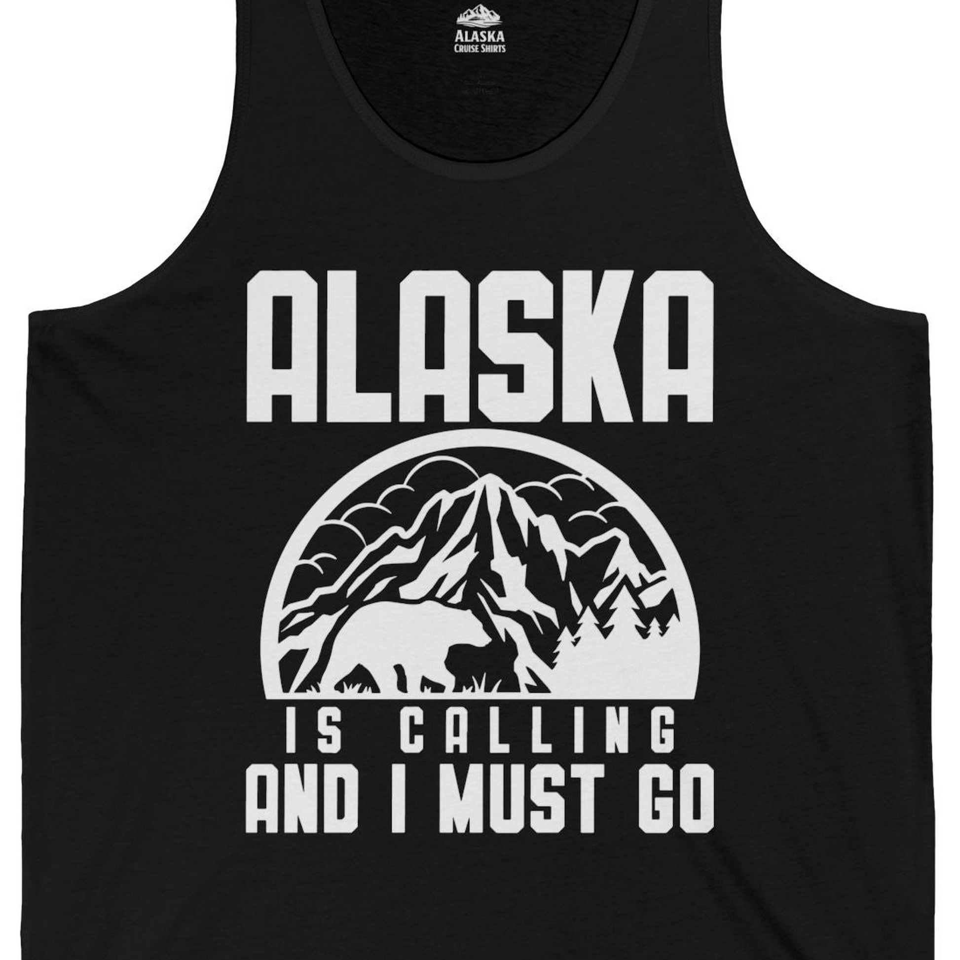 Alaska Is Calling Shirt Tank Top – Black – Alaska Cruise Shirts Close Up