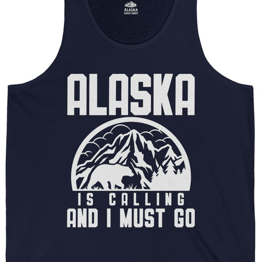 Alaska Is Calling Shirt Tank Top – Navy – Alaska Cruise Shirts Close Up