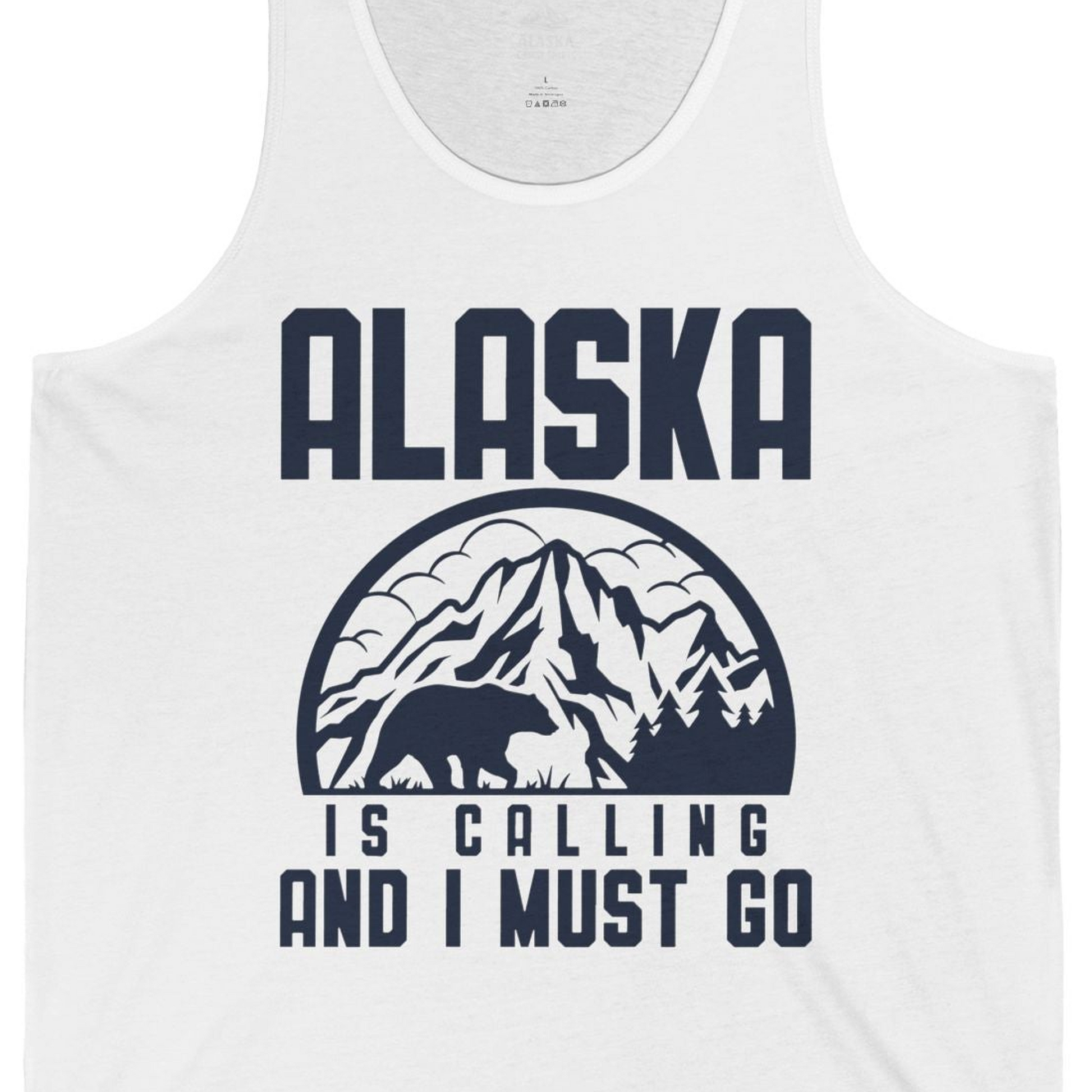 Alaska Is Calling Shirt Tank Top – White – Alaska Cruise Shirts Close Up