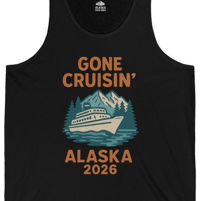 Gone Cruisin Alaska 2026 Retro Cruise Ship Nature Scenery Shirt — Tank Top Tank Top – Black – Alaska Cruise Shirts Close Up