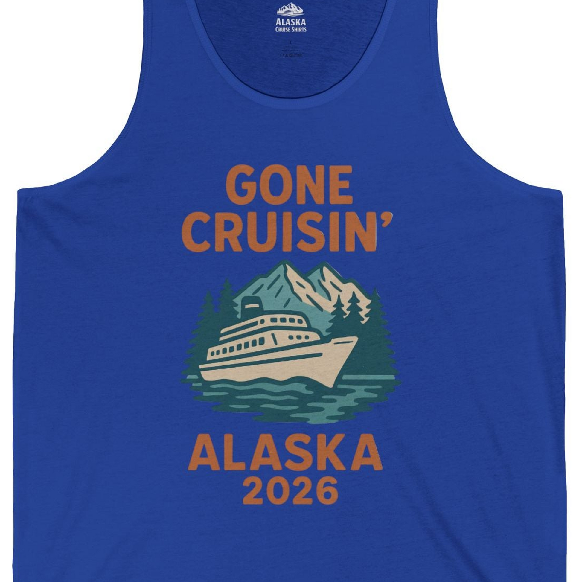 Gone Cruisin Alaska 2026 Retro Cruise Ship Nature Scenery Shirt — Tank Top Tank Top – True Royal – Alaska Cruise Shirts Close Up