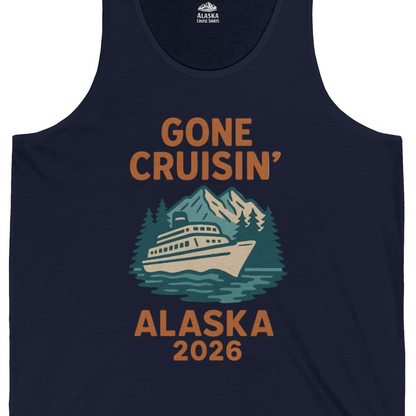 Gone Cruisin Alaska 2026 Retro Cruise Ship Nature Scenery Shirt — Tank Top Tank Top – Navy – Alaska Cruise Shirts Close Up