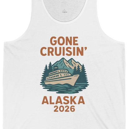 Gone Cruisin Alaska 2026 Retro Cruise Ship Nature Scenery Shirt — Tank Top Tank Top – White – Alaska Cruise Shirts Close Up