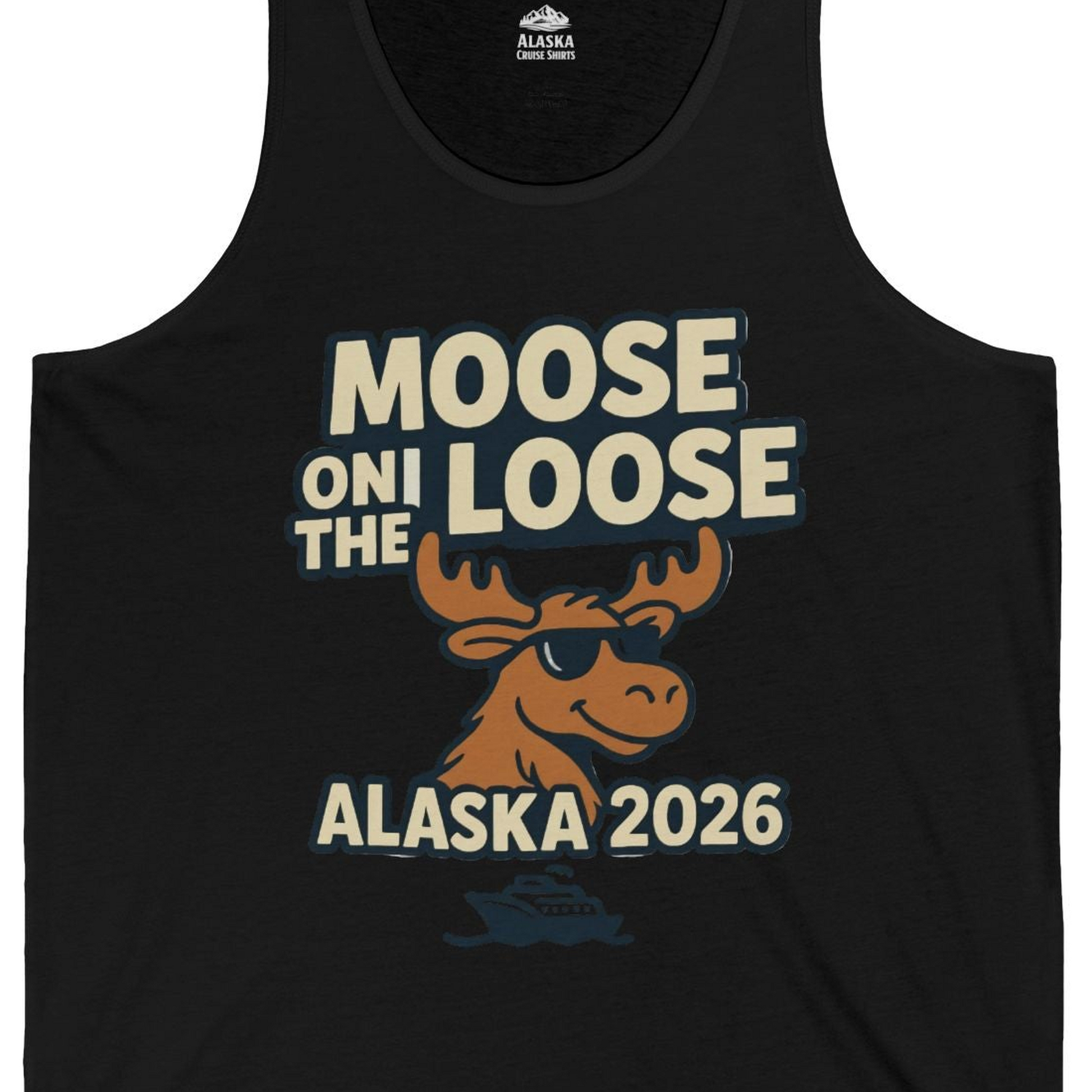 Moose on the Loose Alaska 2026 Cruise Cartoon Funny Shirt — Tank Top Tank Top – Black – Alaska Cruise Shirts Close Up