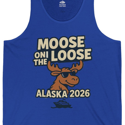 Moose on the Loose Alaska 2026 Cruise Cartoon Funny Shirt — Tank Top Tank Top – True Royal – Alaska Cruise Shirts Close Up