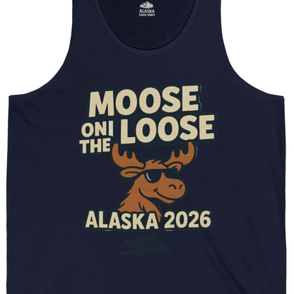 Moose on the Loose Alaska 2026 Cruise Cartoon Funny Shirt — Tank Top Tank Top – Navy – Alaska Cruise Shirts Close Up