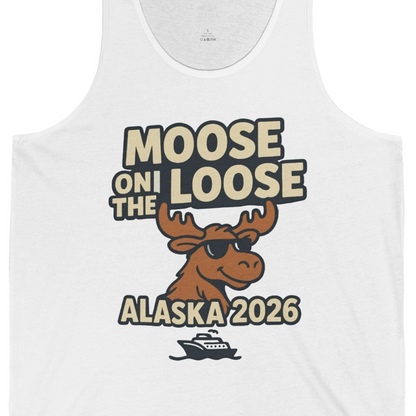 Moose on the Loose Alaska 2026 Cruise Cartoon Funny Shirt — Tank Top Tank Top – White – Alaska Cruise Shirts Close Up