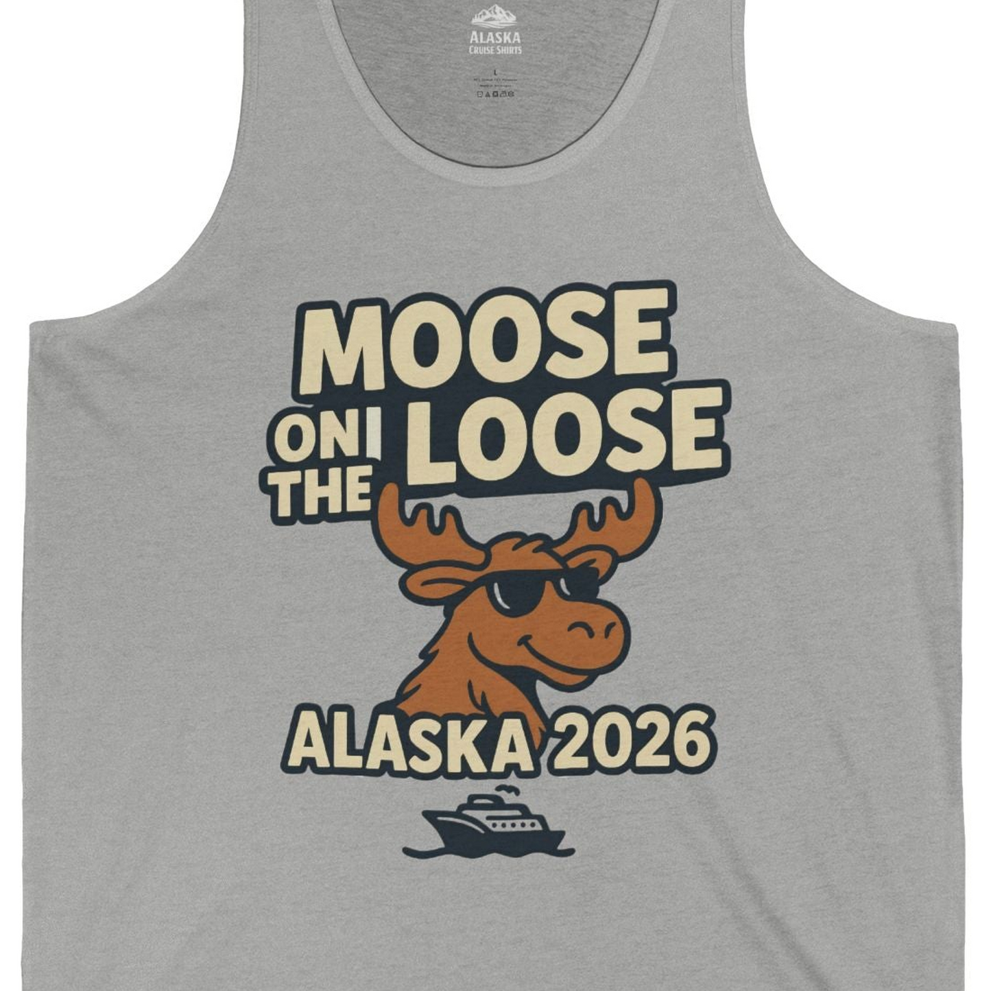 Moose on the Loose Alaska 2026 Cruise Cartoon Funny Shirt — Tank Top Tank Top – Athletic Heather – Alaska Cruise Shirts Close Up