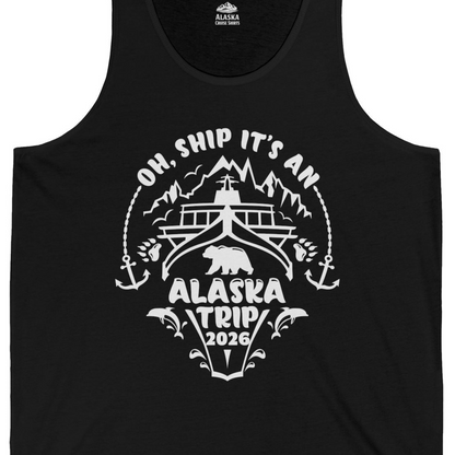 Oh Ship It’s an Alaska Trip 2026 Cruise and Wildlife Shirt — Tank Top Tank Top – Black – Alaska Cruise Shirts Close Up