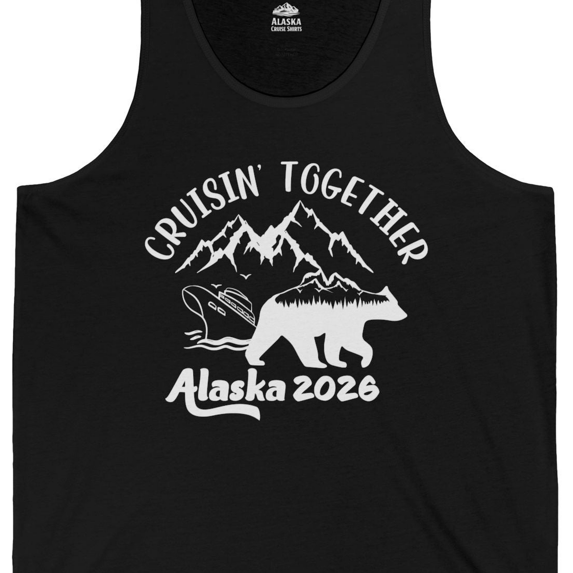 Cruisin Together Alaska 2026 Bear Mountain Group Cruise Shirt — Tank Top Tank Top – Black – Alaska Cruise Shirts Close Up