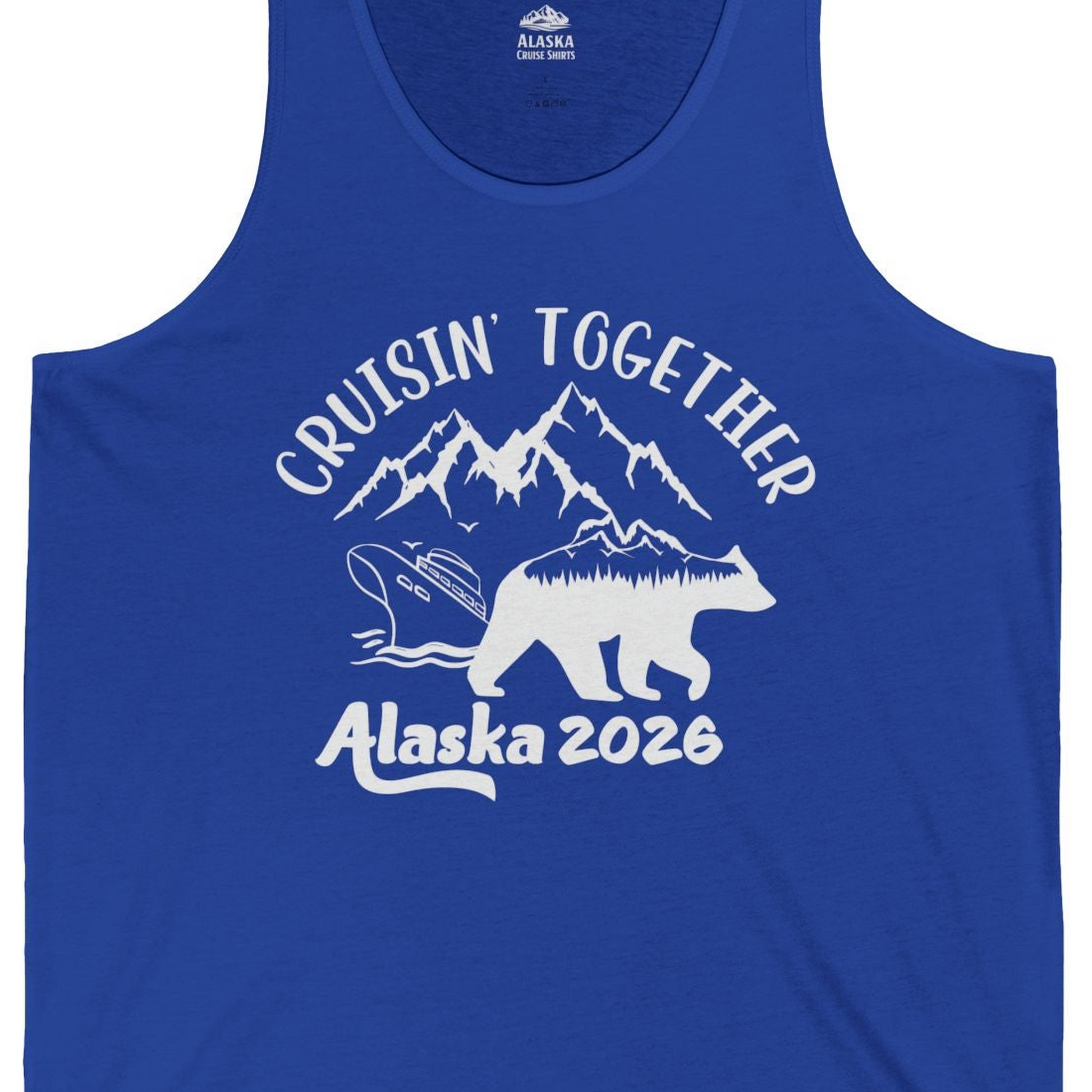Cruisin Together Alaska 2026 Bear Mountain Group Cruise Shirt — Tank Top Tank Top – True Royal – Alaska Cruise Shirts Close Up