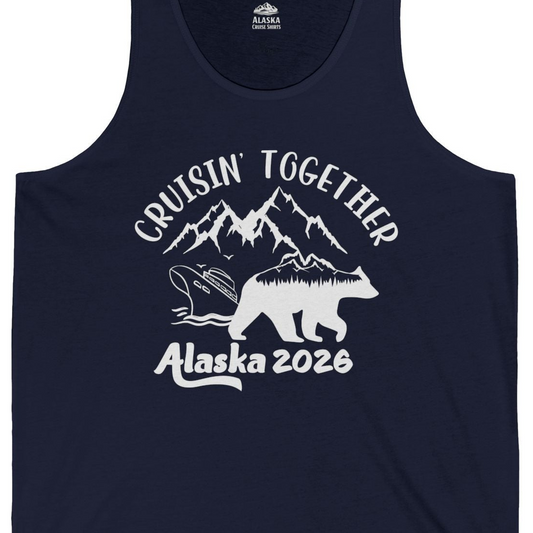 Cruisin Together Alaska 2026 Bear Mountain Group Cruise Shirt — Tank Top Tank Top – Navy – Alaska Cruise Shirts Close Up
