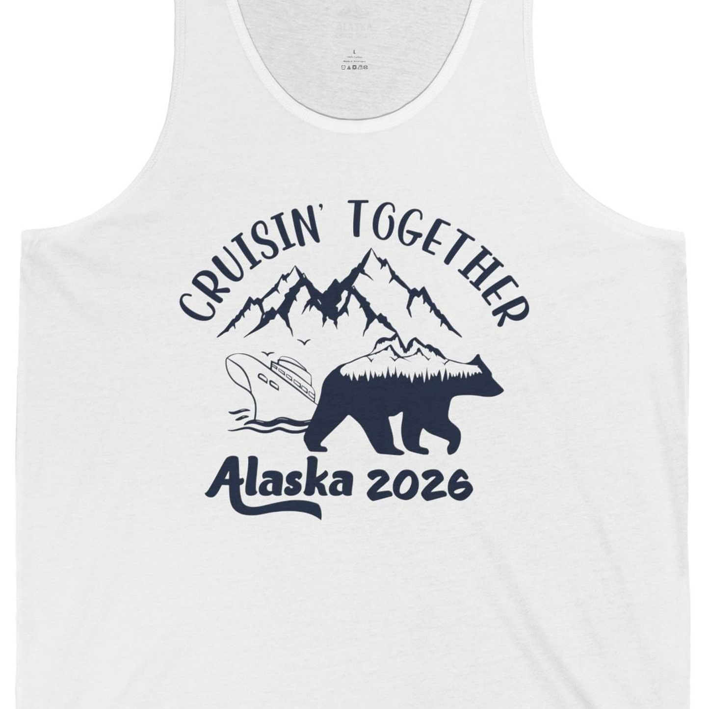 Cruisin Together Alaska 2026 Bear Mountain Group Cruise Shirt — Tank Top Tank Top – White – Alaska Cruise Shirts Close Up