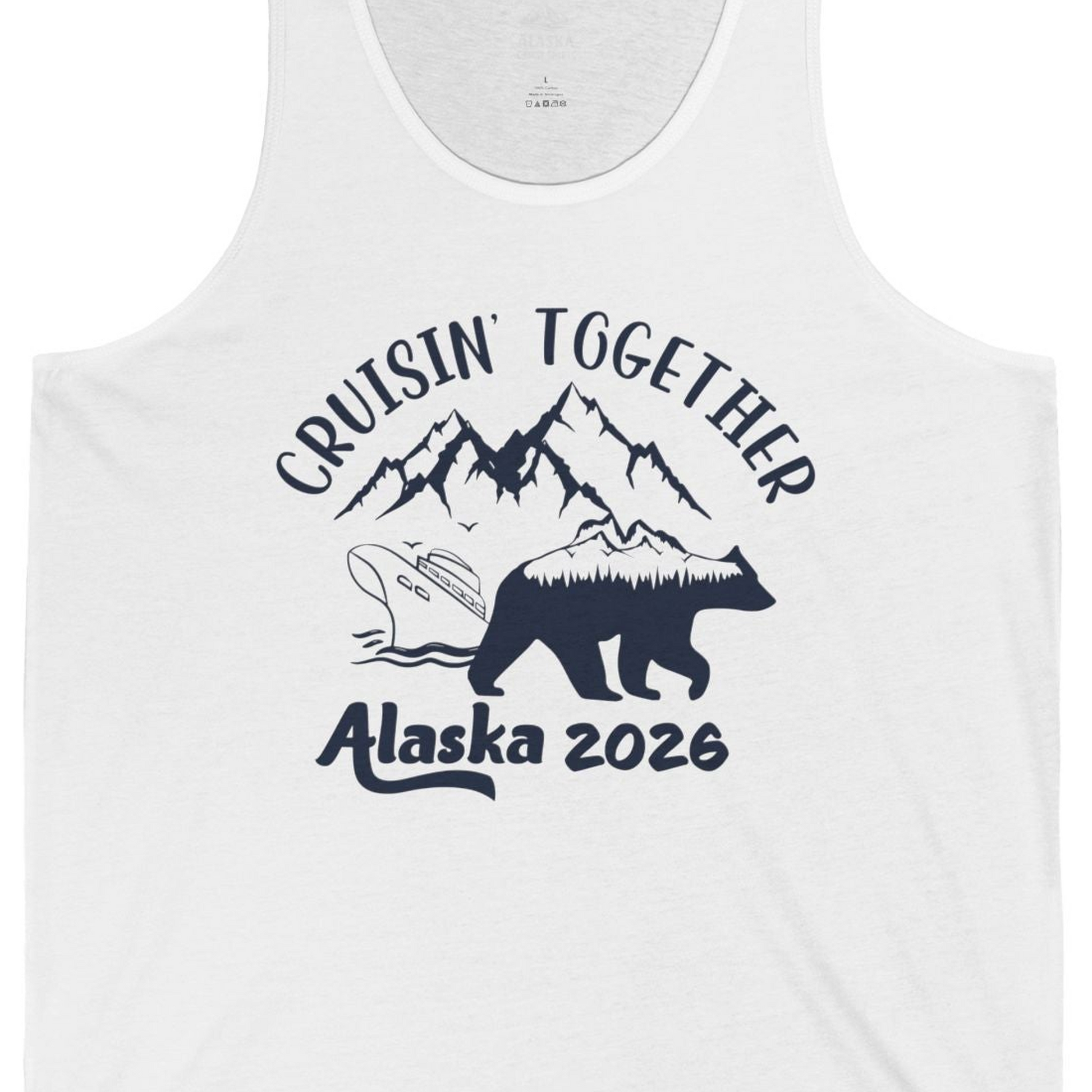 Cruisin Together Alaska 2026 Bear Mountain Group Cruise Shirt — Tank Top Tank Top – White – Alaska Cruise Shirts Close Up
