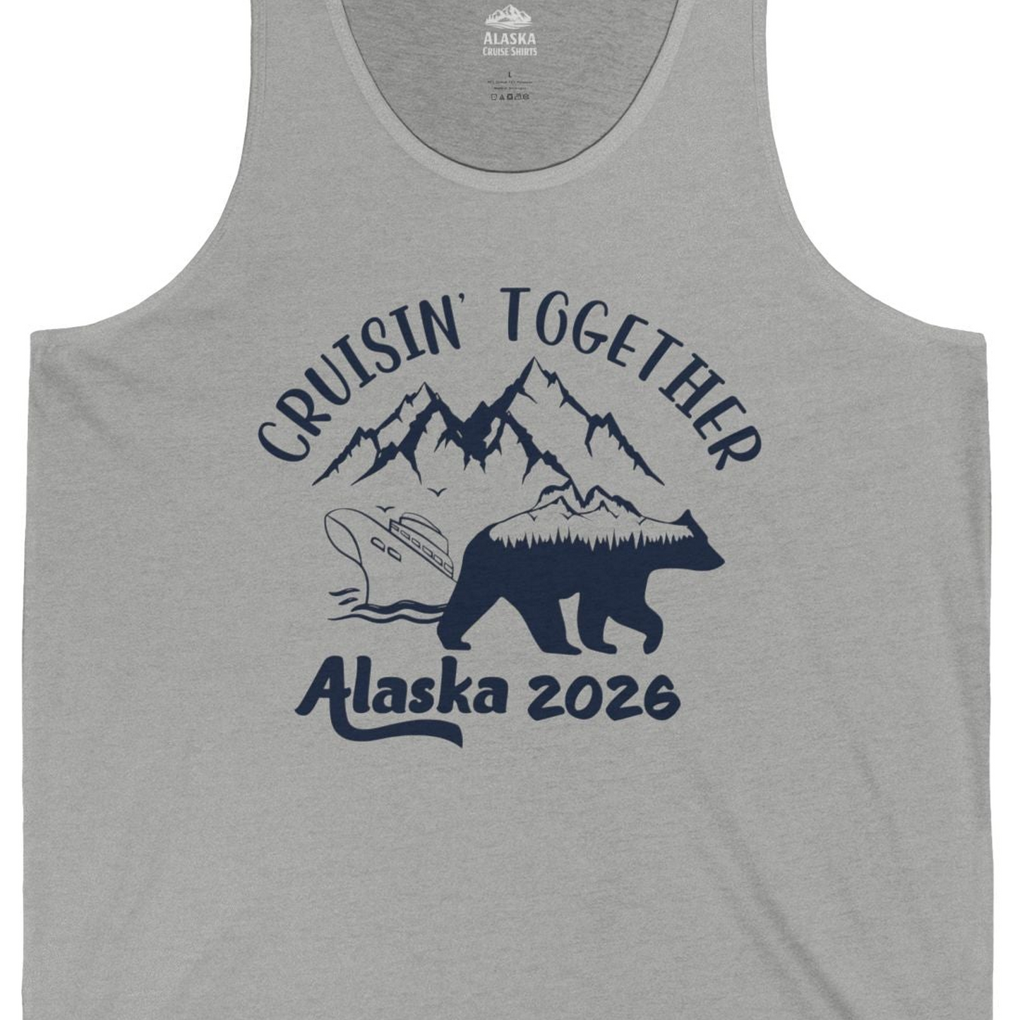 Cruisin Together Alaska 2026 Bear Mountain Group Cruise Shirt — Tank Top Tank Top – Athletic Heather – Alaska Cruise Shirts Close Up