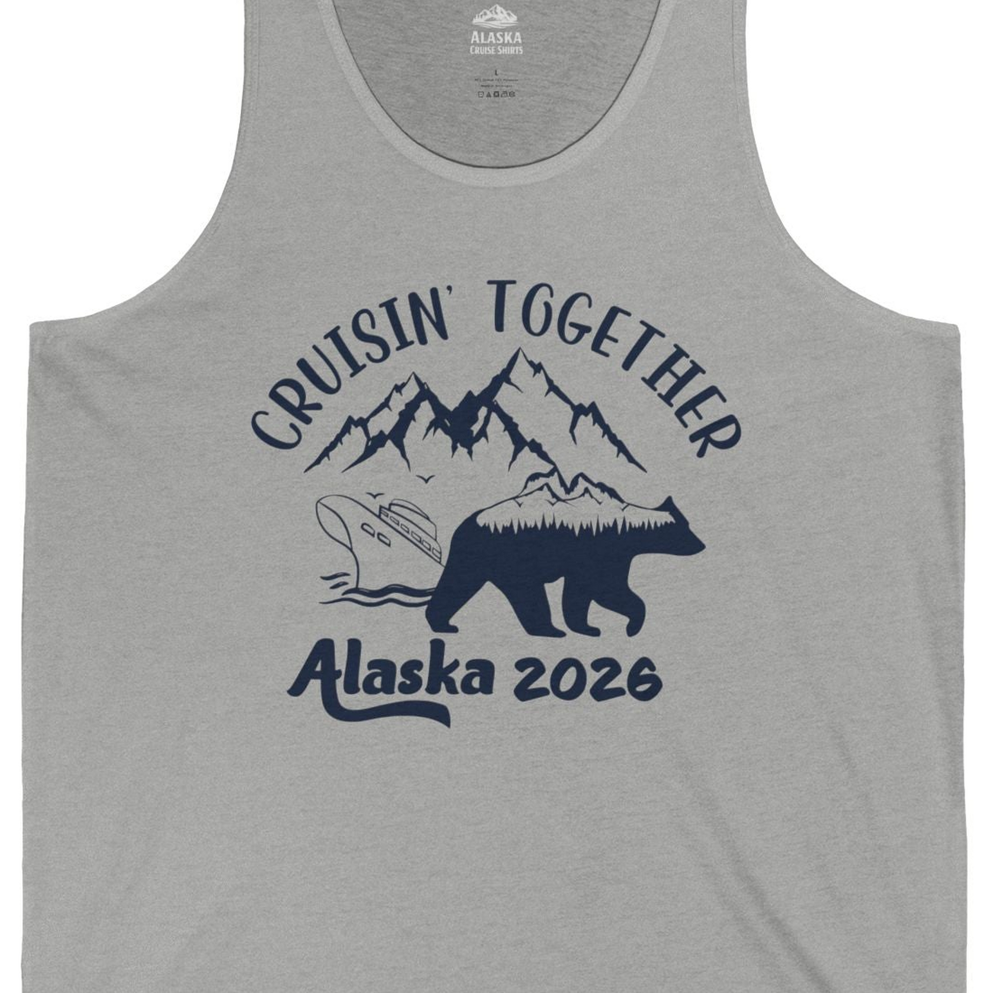 Cruisin Together Alaska 2026 Bear Mountain Group Cruise Shirt — Tank Top Tank Top – Athletic Heather – Alaska Cruise Shirts Close Up