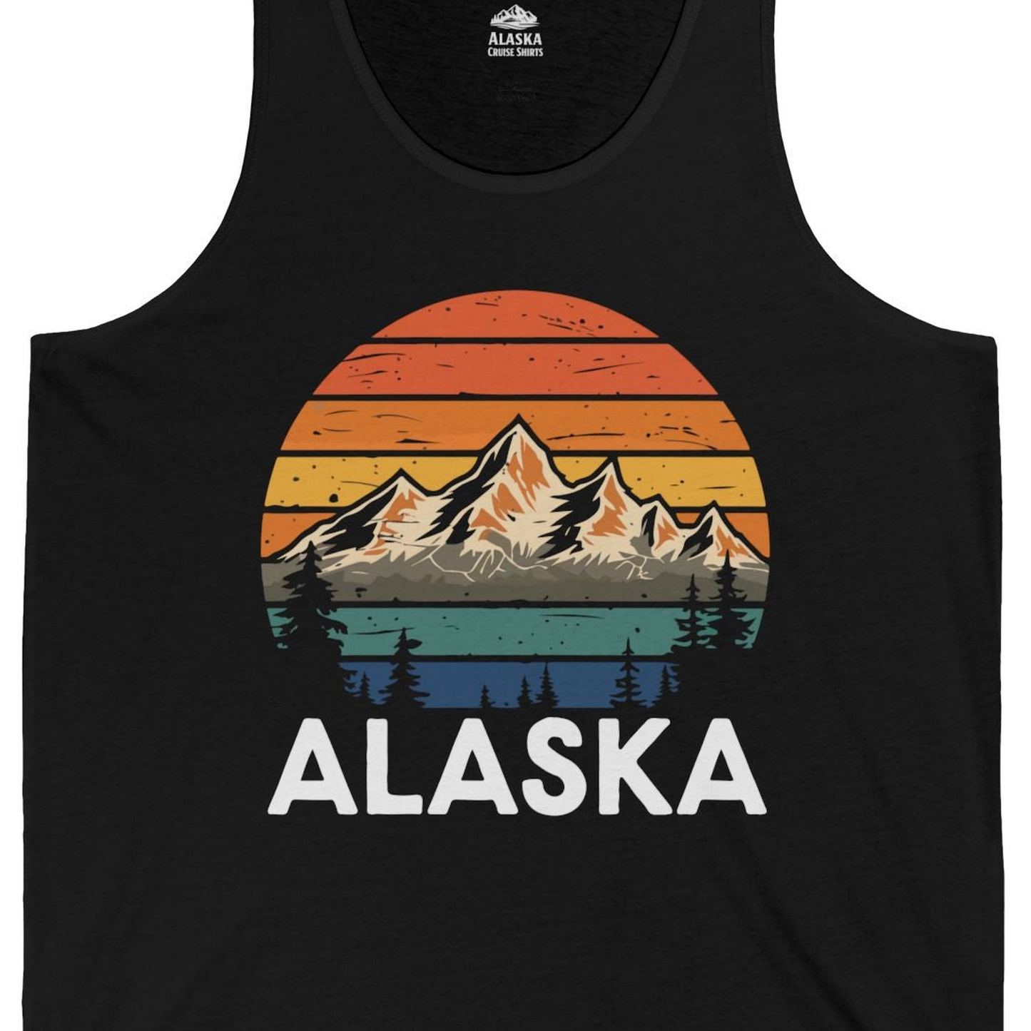 Retro Alaska Mountain Scenery Shirt Tank Top – Black – Alaska Cruise Shirts Close Up