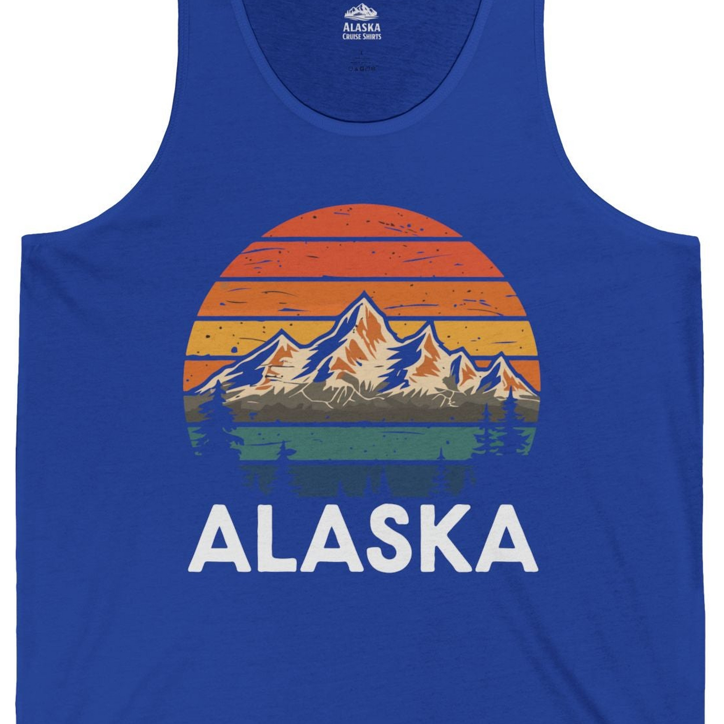 Retro Alaska Mountain Scenery Shirt Tank Top – True Royal – Alaska Cruise Shirts Close Up