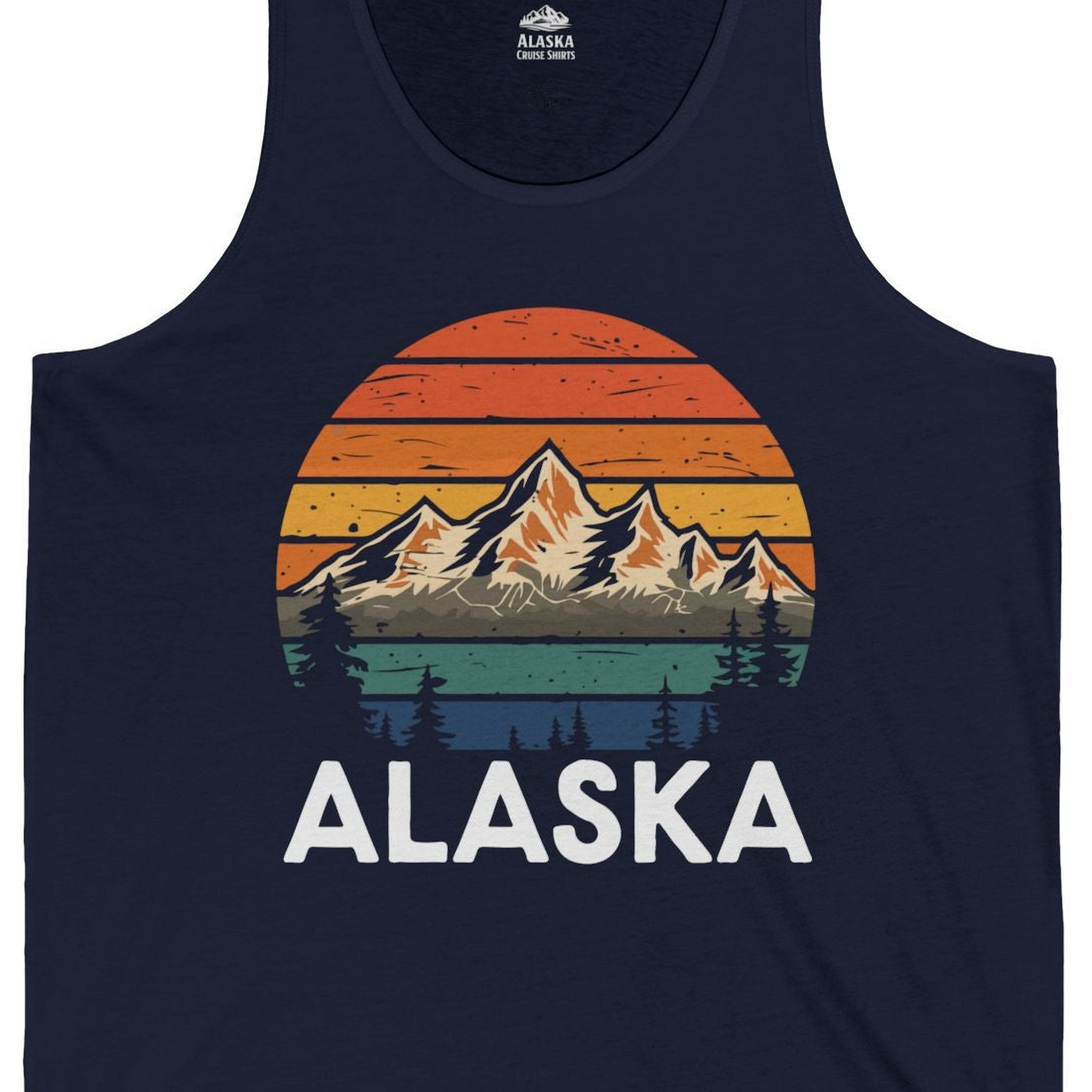 Retro Alaska Mountain Scenery Shirt Tank Top – Navy – Alaska Cruise Shirts Close Up