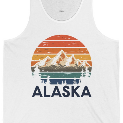 Retro Alaska Mountain Scenery Shirt Tank Top – White – Alaska Cruise Shirts Close Up