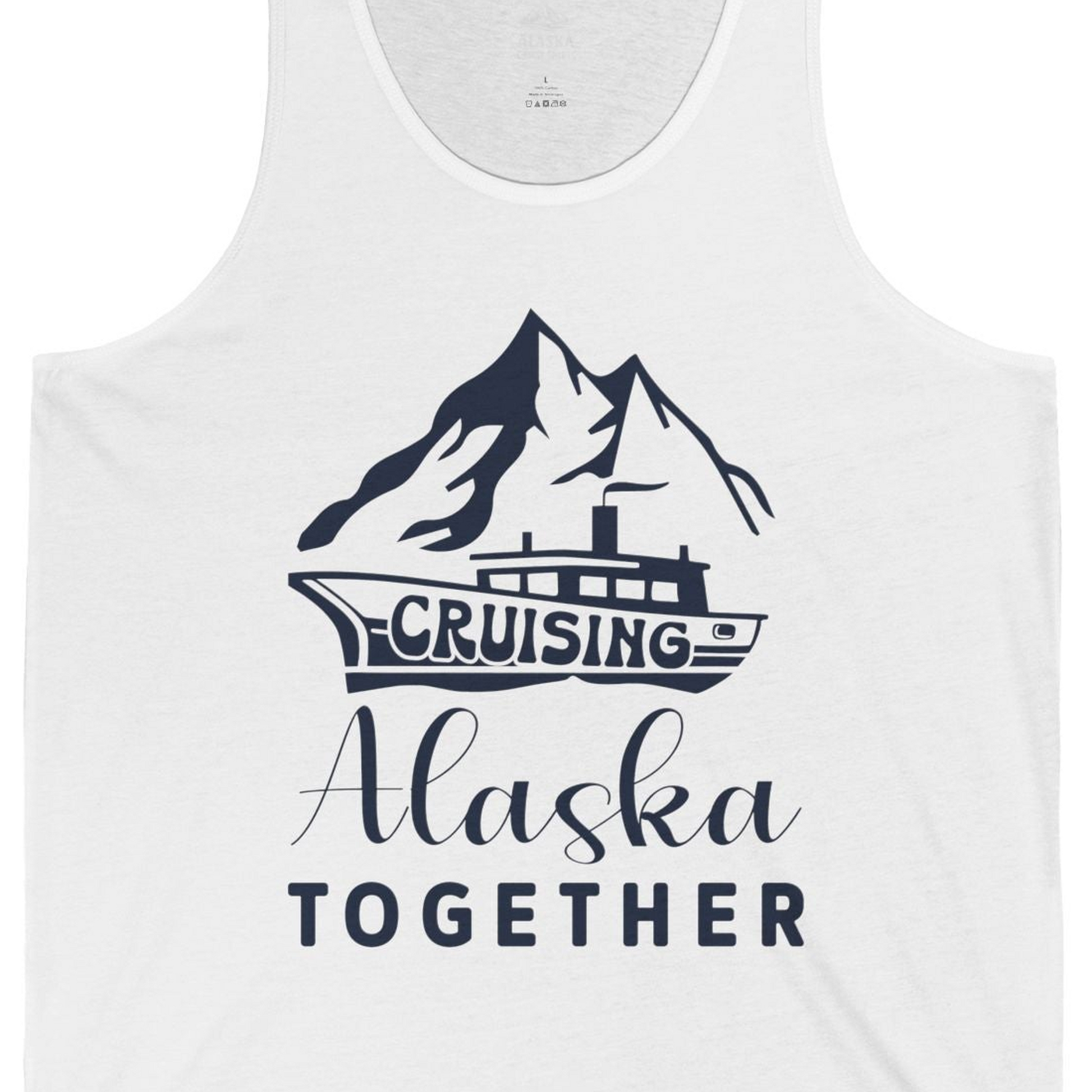 Cruising Alaska Together Mountains and Ship Family Cruise Shirt — Tank Top Tank Top – White – Alaska Cruise Shirts Close Up