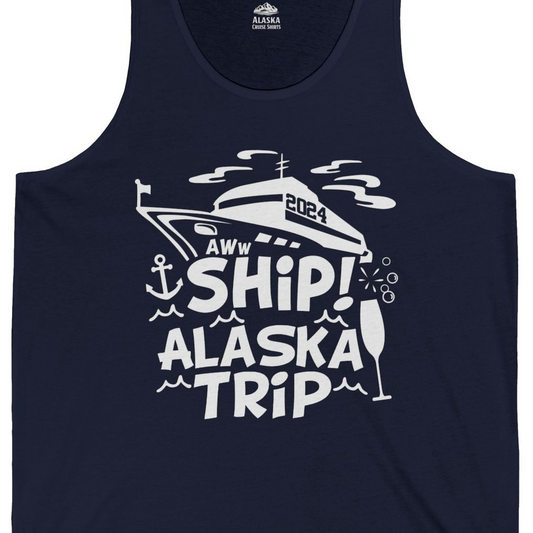 Aww Ship Alaska Cruise Shirt Tank Top – Navy – Alaska Cruise Shirts Close Up