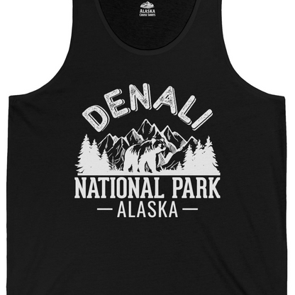 Denali National Park Bear Mountains Vintage Alaska Nature Shirt — Tank Top Tank Top – Black – Alaska Cruise Shirts Close Up
