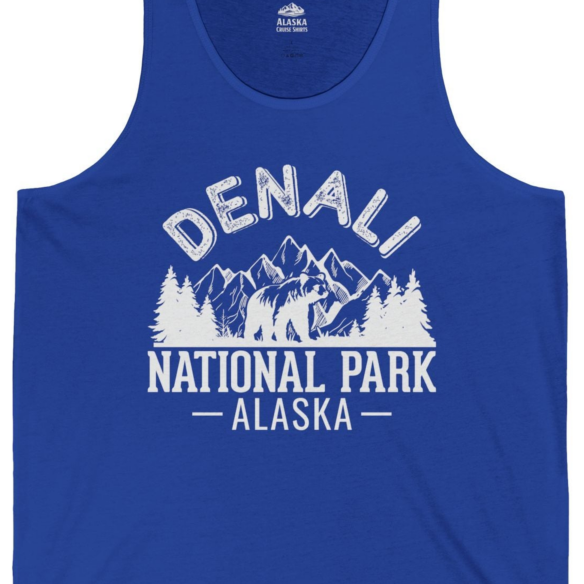 Denali National Park Bear Mountains Vintage Alaska Nature Shirt — Tank Top Tank Top – True Royal – Alaska Cruise Shirts Close Up
