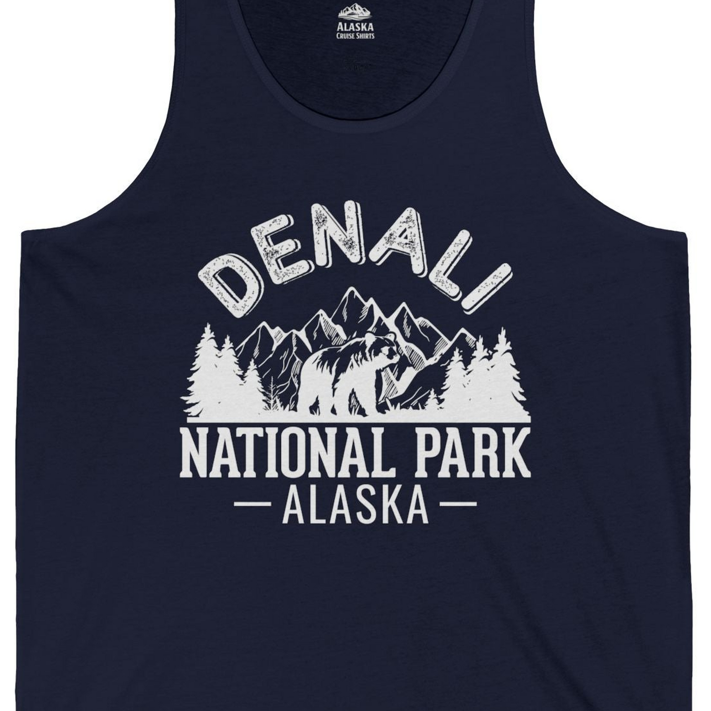 Denali National Park Bear Mountains Vintage Alaska Nature Shirt — Tank Top Tank Top – Navy – Alaska Cruise Shirts Close Up