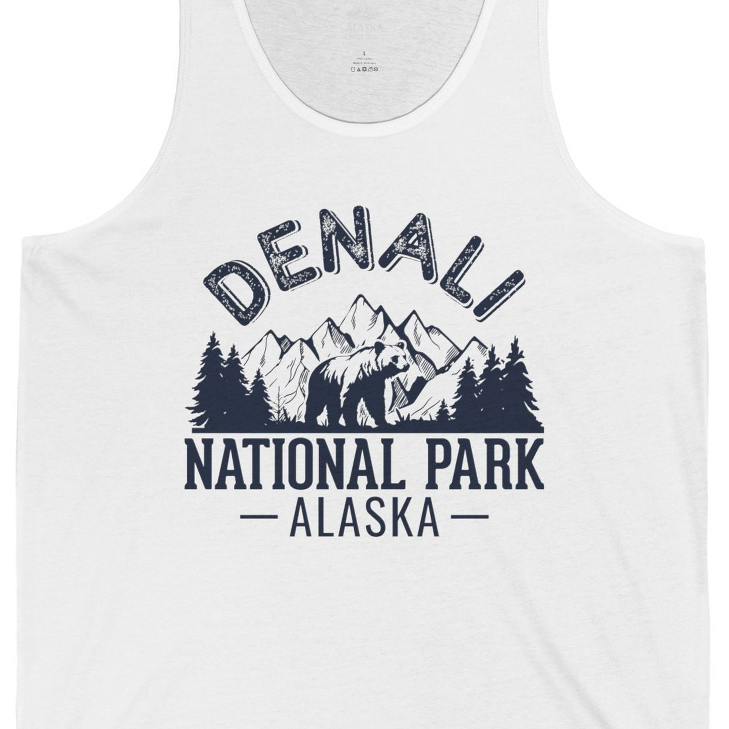 Denali National Park Bear Mountains Vintage Alaska Nature Shirt — Tank Top Tank Top – White – Alaska Cruise Shirts Close Up
