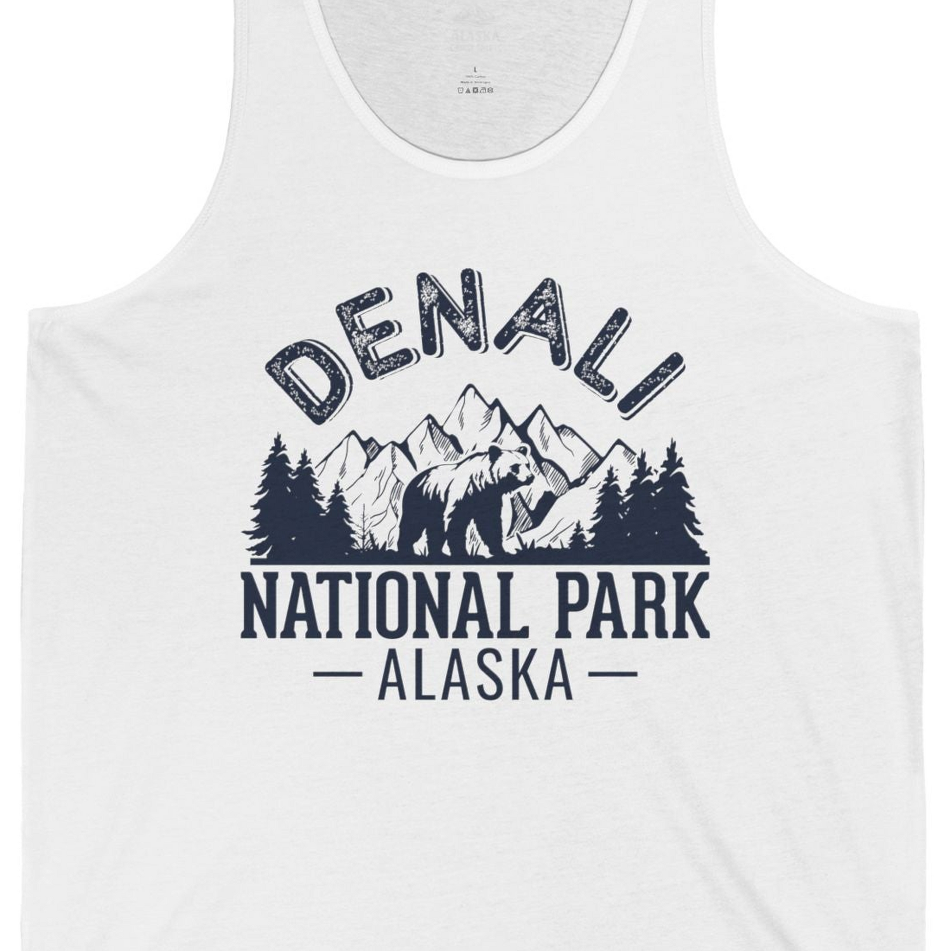 Denali National Park Bear Mountains Vintage Alaska Nature Shirt — Tank Top Tank Top – White – Alaska Cruise Shirts Close Up