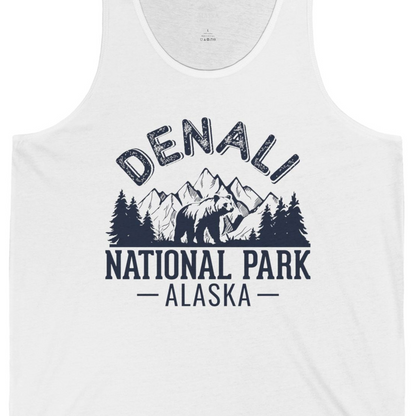 Denali National Park Bear Mountains Vintage Alaska Nature Shirt — Tank Top Tank Top – White – Alaska Cruise Shirts Close Up