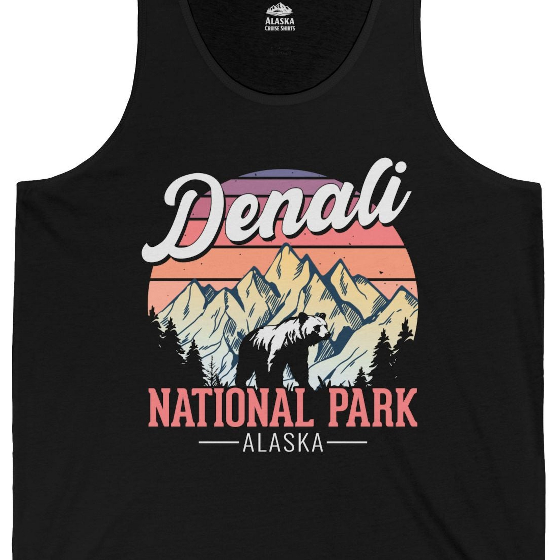 Retro Denali National Park Alaska Bear Mountains Vintage Shirt — Tank Top Tank Top – Black – Alaska Cruise Shirts Close Up
