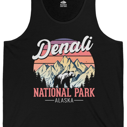 Retro Denali National Park Alaska Bear Mountains Vintage Shirt — Tank Top Tank Top – Black – Alaska Cruise Shirts Close Up