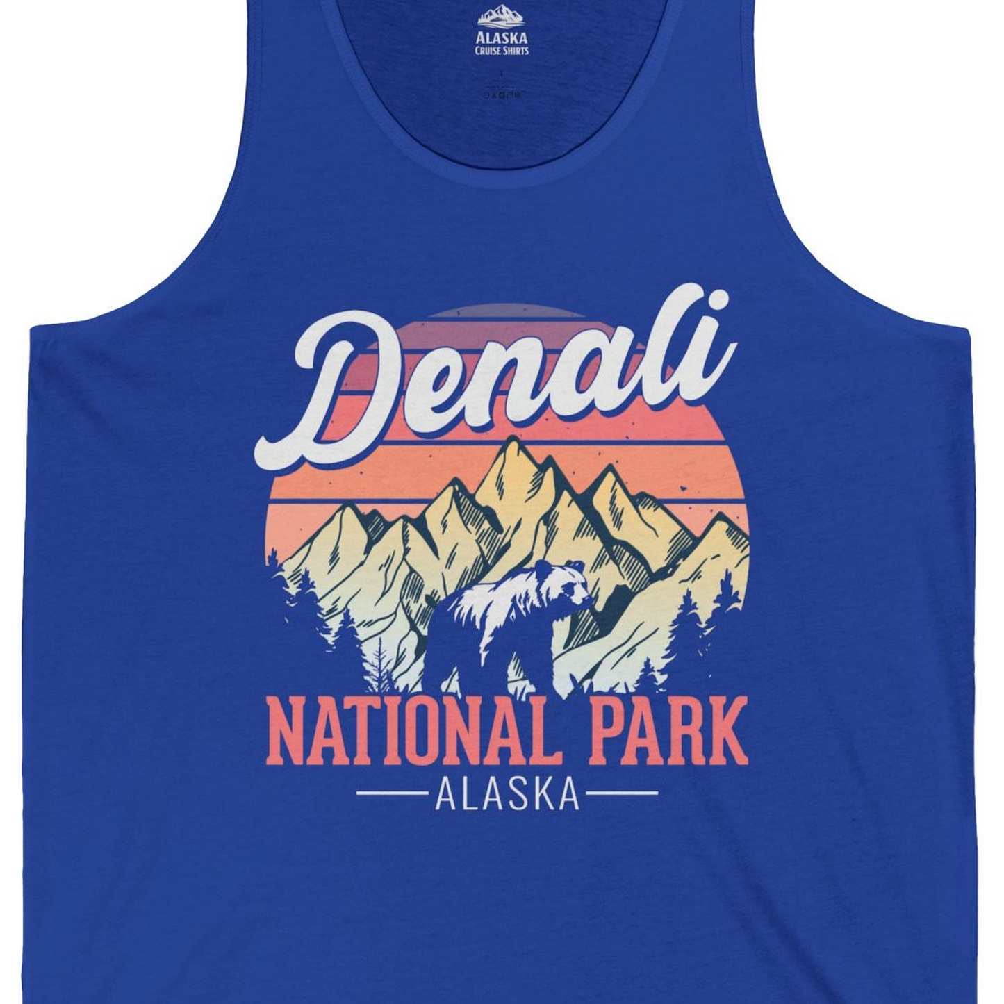 Retro Denali National Park Alaska Bear Mountains Vintage Shirt — Tank Top Tank Top – True Royal – Alaska Cruise Shirts Close Up
