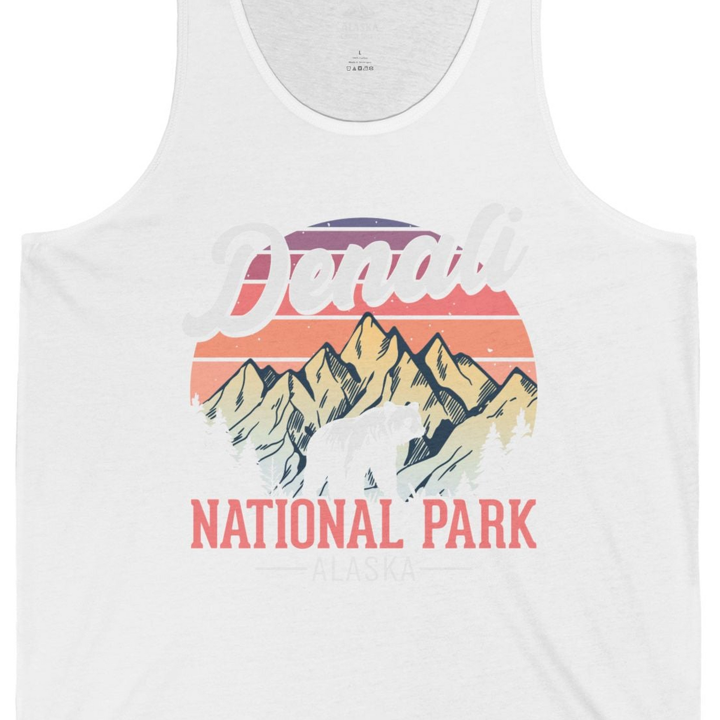 Retro Denali National Park Alaska Bear Mountains Vintage Shirt — Tank Top Tank Top – White – Alaska Cruise Shirts Close Up