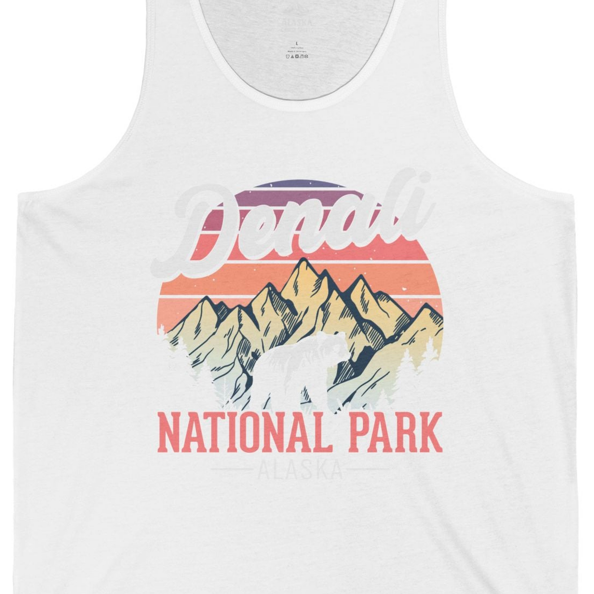Retro Denali National Park Alaska Bear Mountains Vintage Shirt — Tank Top Tank Top – White – Alaska Cruise Shirts Close Up