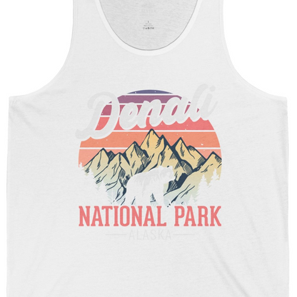 Retro Denali National Park Alaska Bear Mountains Vintage Shirt — Tank Top Tank Top – White – Alaska Cruise Shirts Close Up