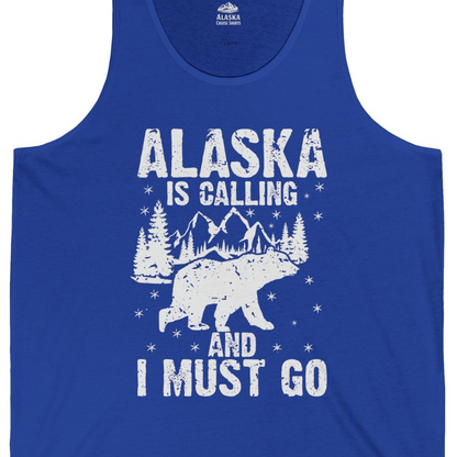 Alaska Is Calling Bear Mountain Wilderness Adventure Vintage Shirt — Tank Top Tank Top – True Royal – Alaska Cruise Shirts Close Up