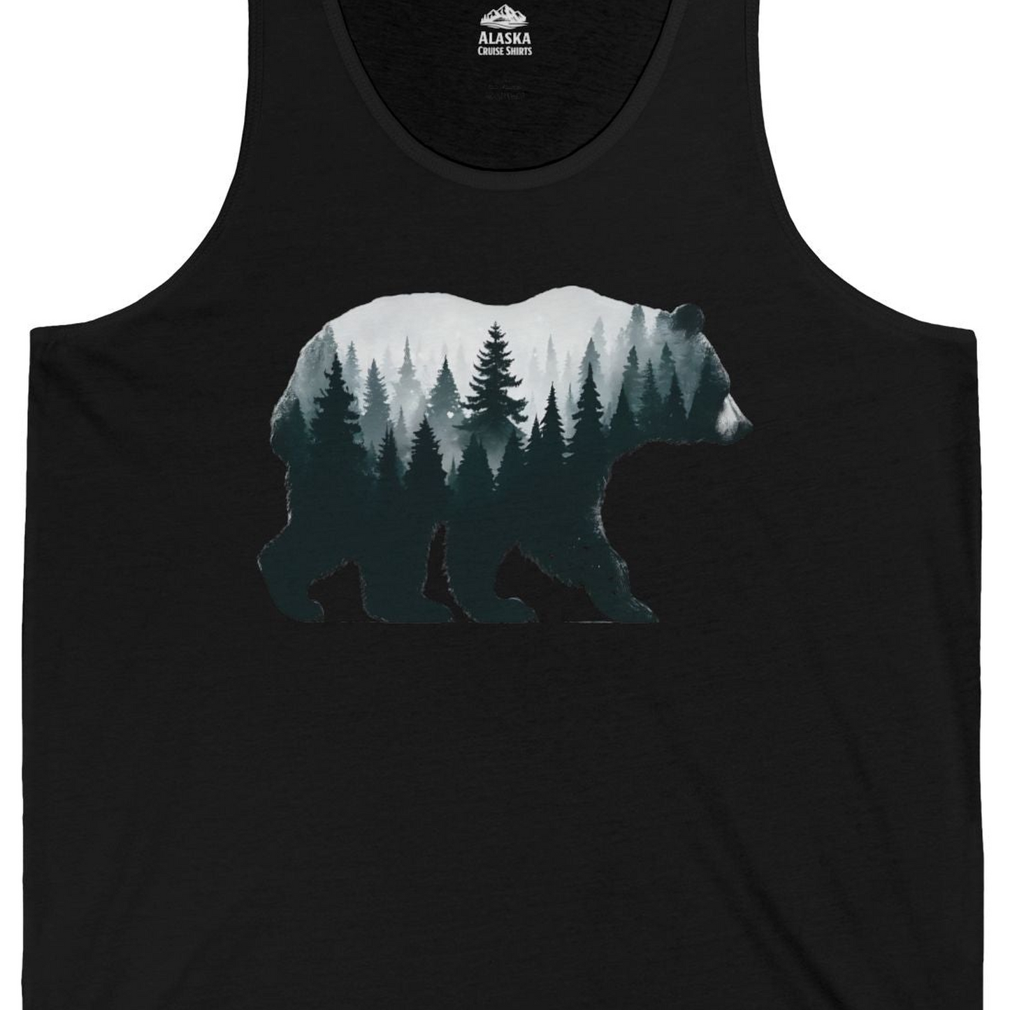 Double Exposure Bear Forest Silhouette Wilderness Shirt for Nature Lovers — Tank Top Tank Top – Black – Alaska Cruise Shirts Close Up
