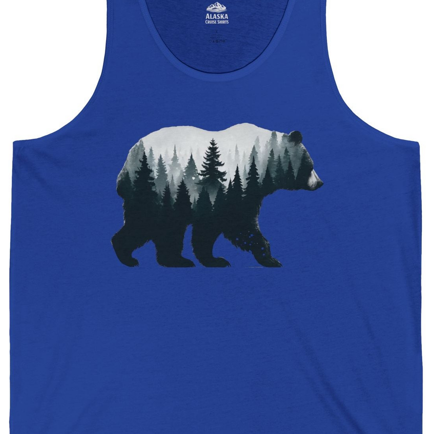 Double Exposure Bear Forest Silhouette Wilderness Shirt for Nature Lovers — Tank Top Tank Top – True Royal – Alaska Cruise Shirts Close Up