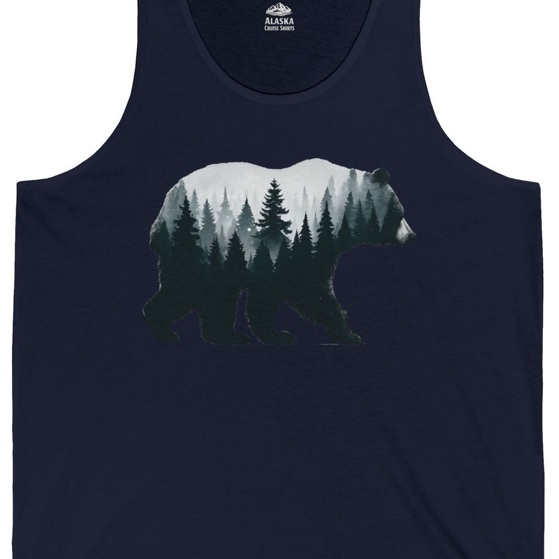 Double Exposure Bear Forest Silhouette Wilderness Shirt for Nature Lovers — Tank Top Tank Top – Navy – Alaska Cruise Shirts Close Up